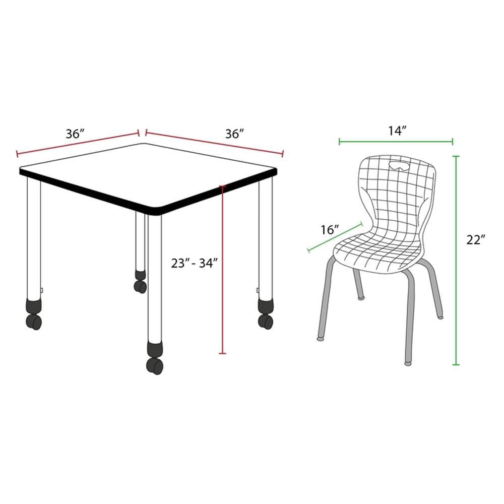 36" Square Mobile Table with 4 Blue Stack Chairs U9003