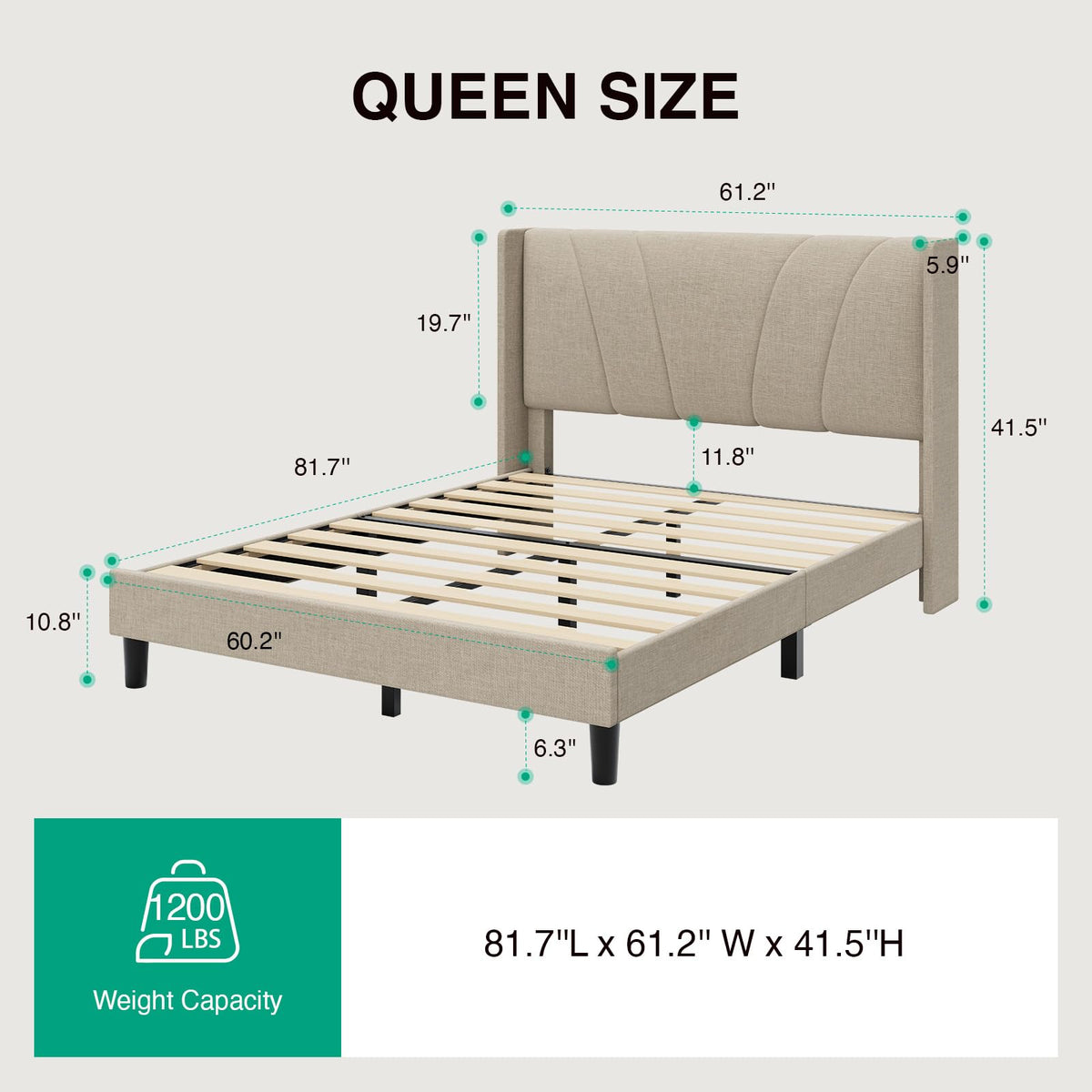 Queen Size Linen Upholstered Bed Frame with Headboard P7816
