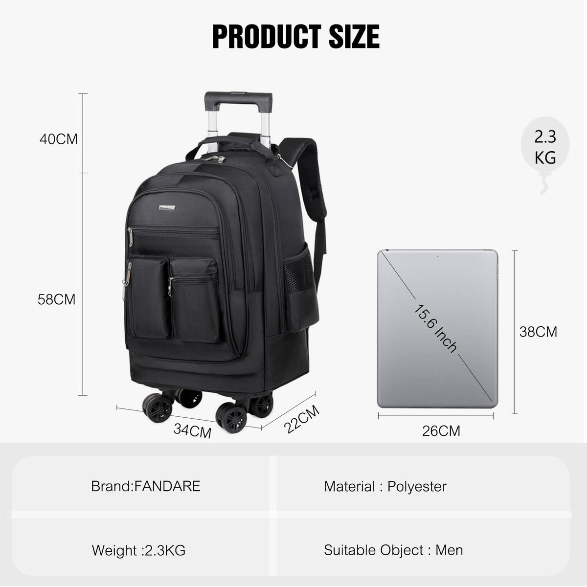Rolling Backpack with Silent Wheels Black X280626