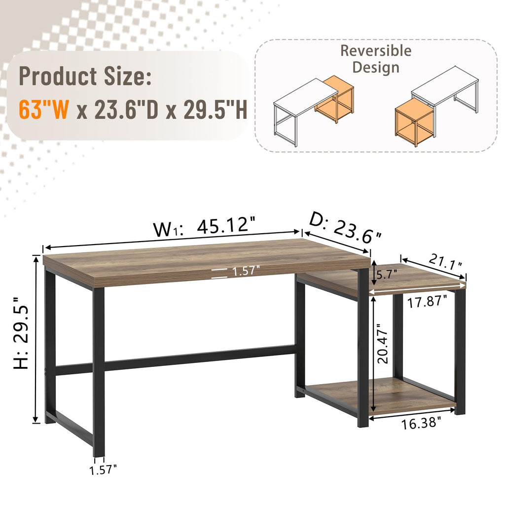 63 Inch Wood Computer Desk with Storage Shelves E722