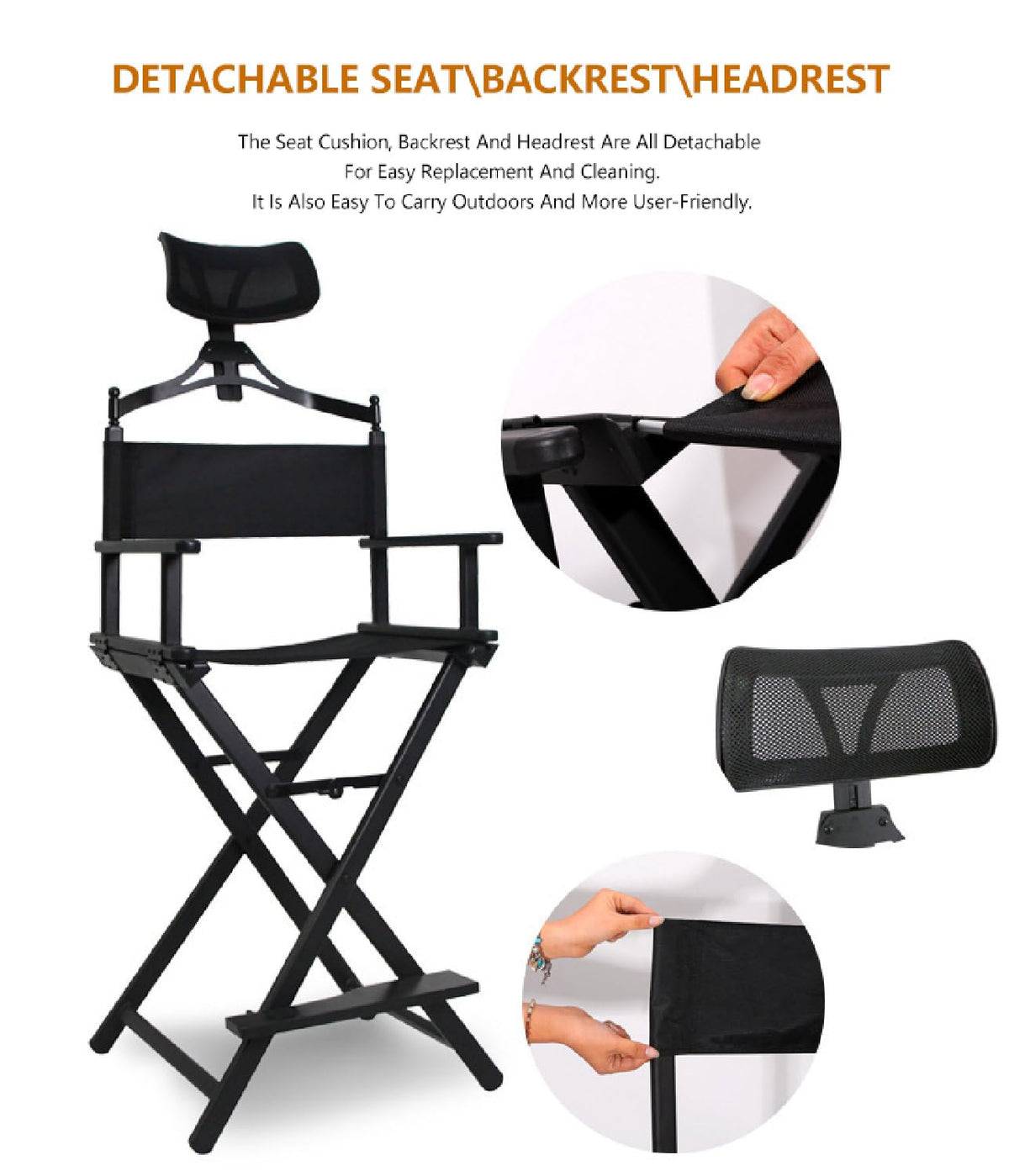 Foldable Stool with Head Rest, Portable Camping Chair, Supports Up to 300 Lbs, Gold C4734