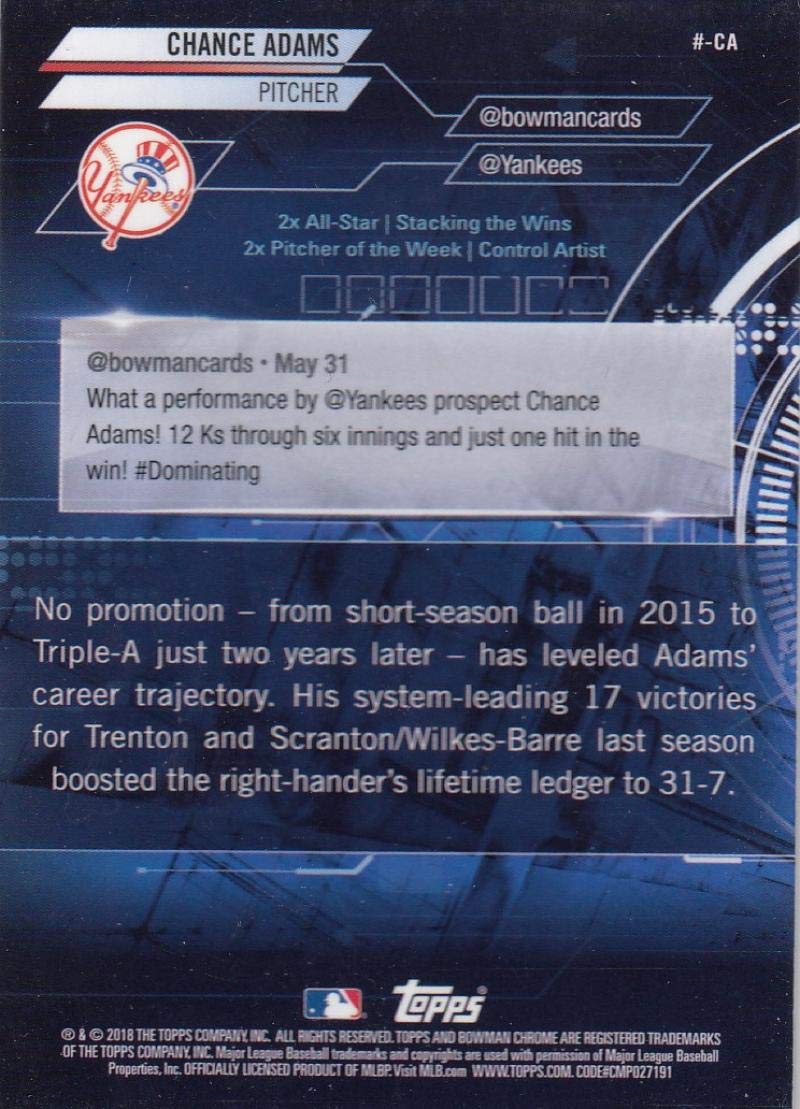 Baseball MLB 2018 Bowman Mega Box Chrome Chance Adams Yankees X939