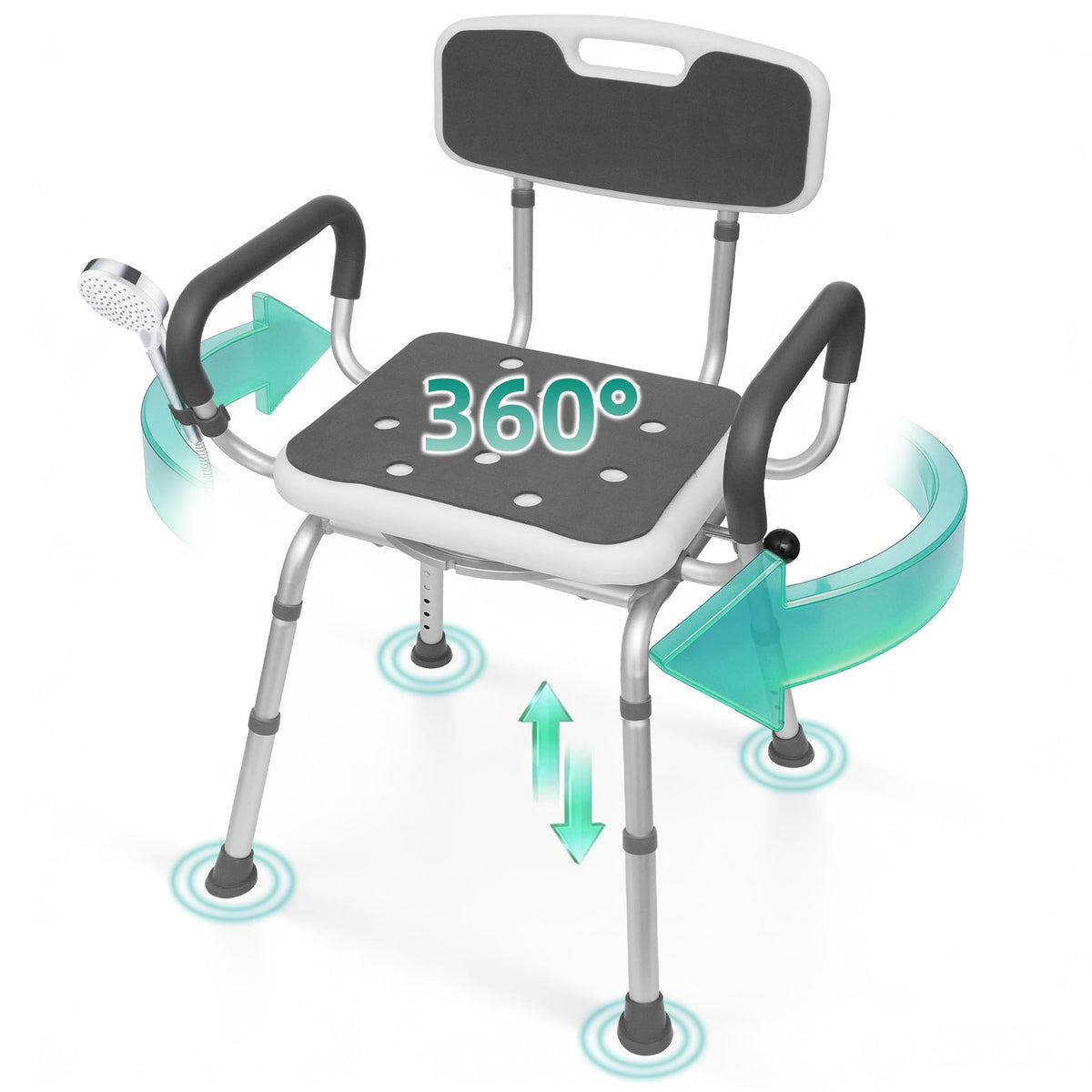 Swivel Shower Chair with Arms & Back, Heavy Duty Non-Slip Rotating Shower Bench Seat T511