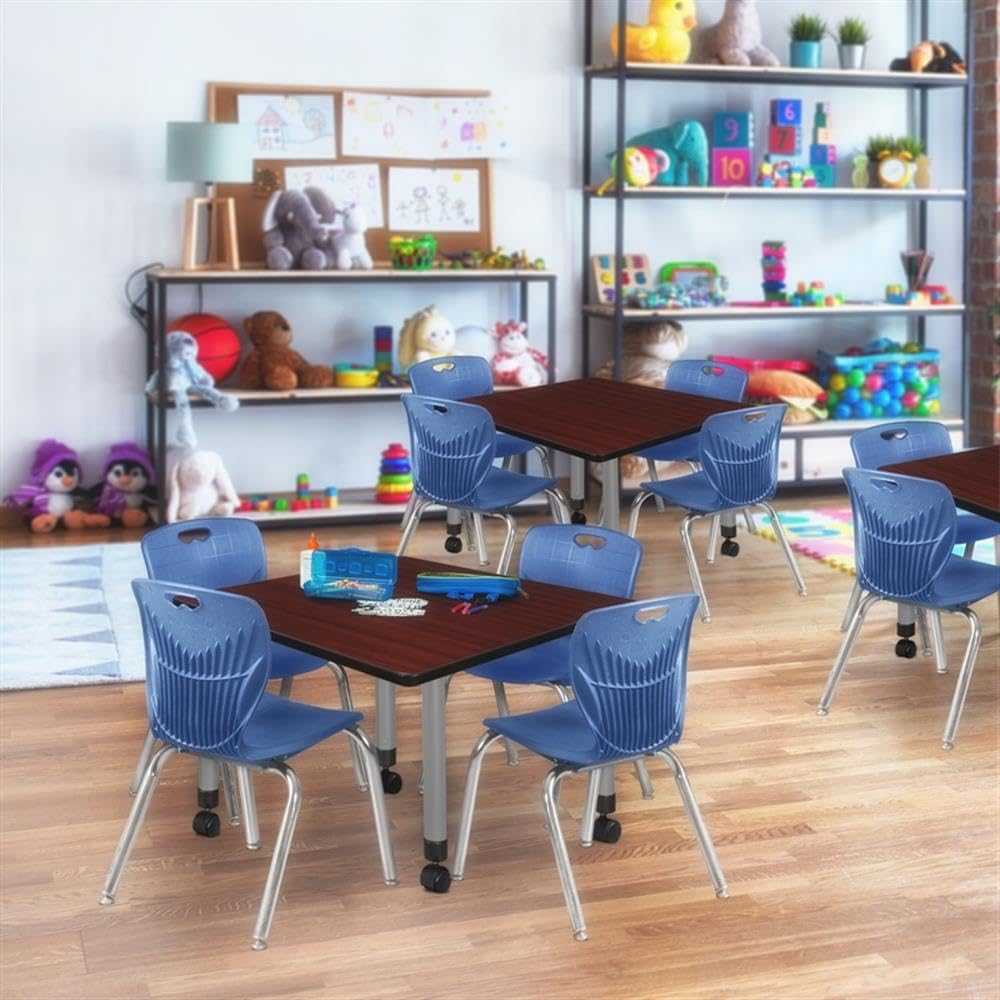 36" Square Mobile Table with 4 Blue Stack Chairs U9003
