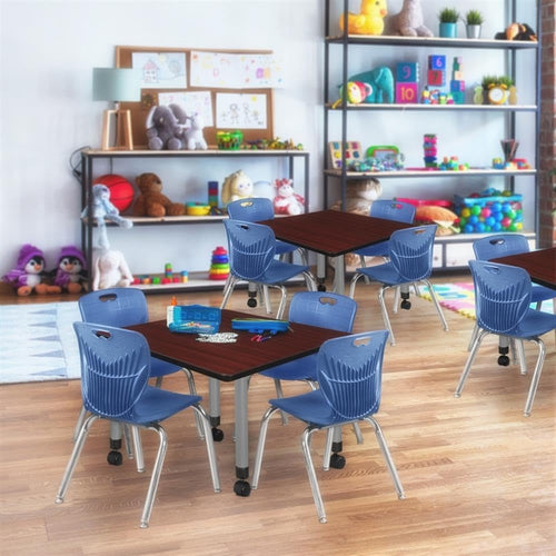 36" Square Mobile Table with 4 Blue Stack Chairs U9003