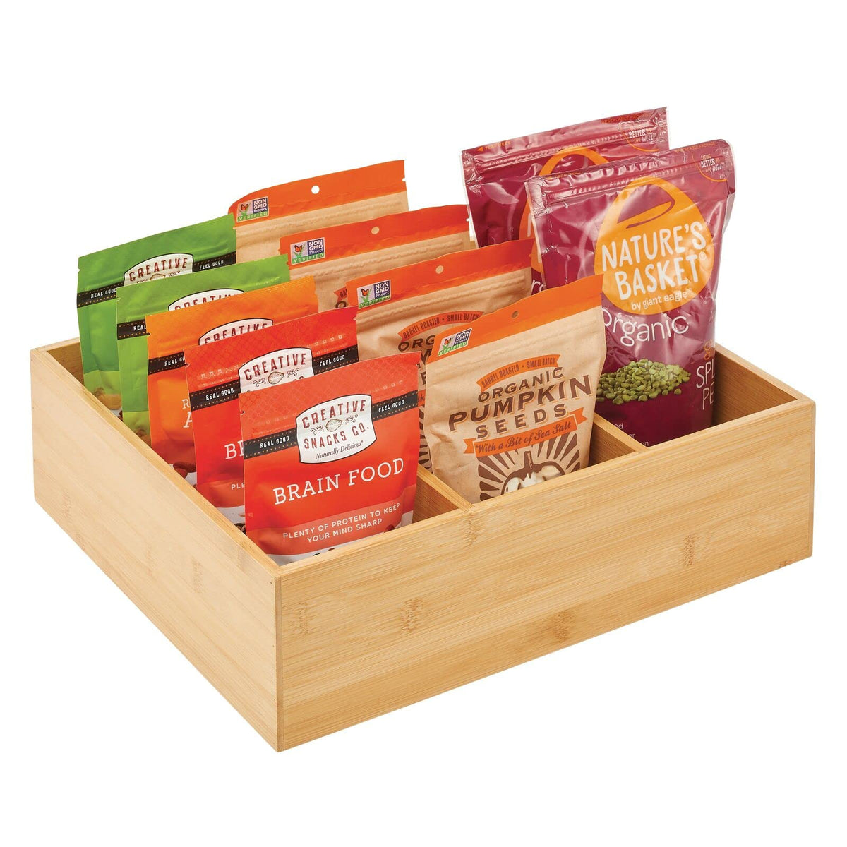 Bamboo 3 Section Stackable Pantry Organizer Bin, 2 Pack A11465