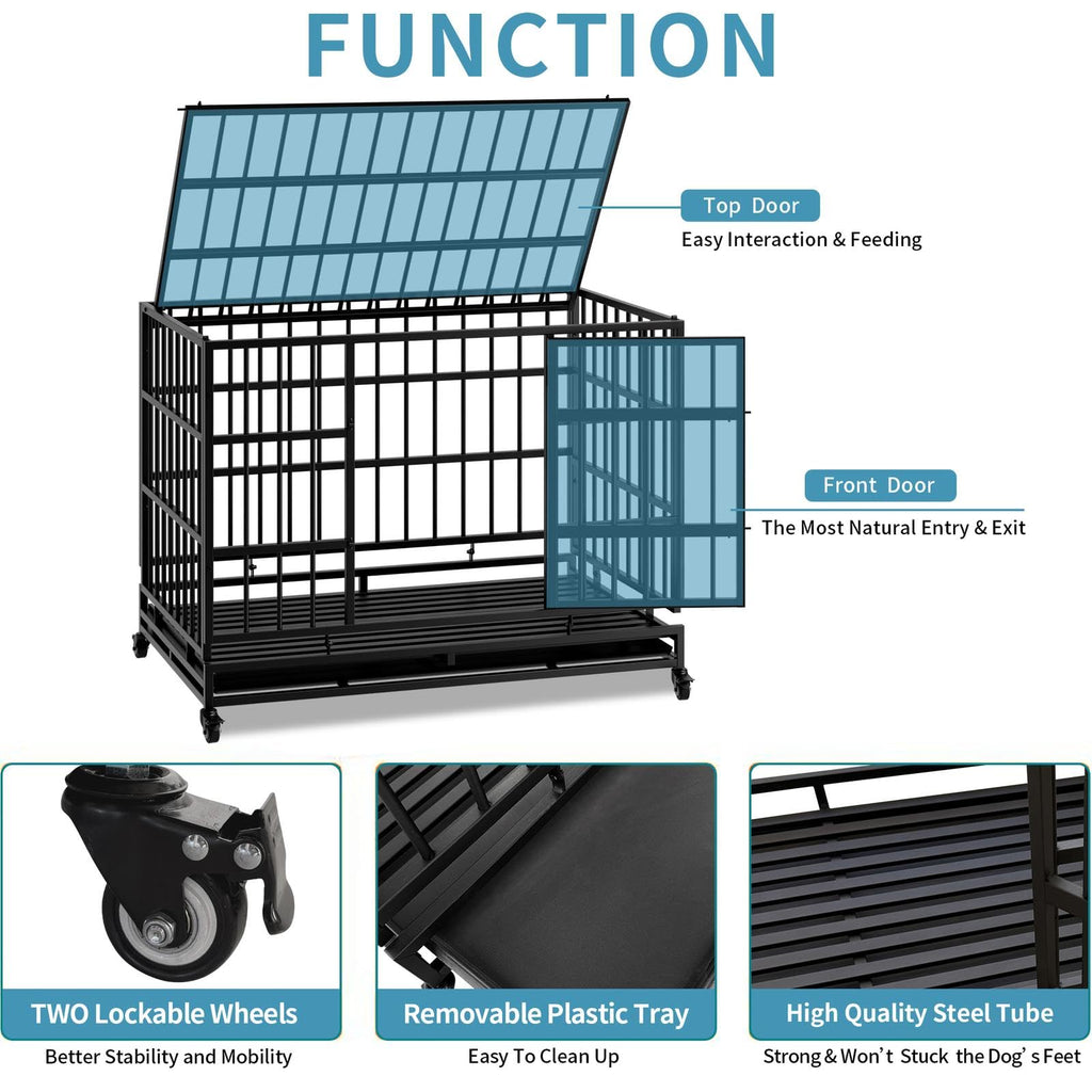 48 Inch Heavy Duty Metal Folding Dog Crate with Wheels and Double Doors T862