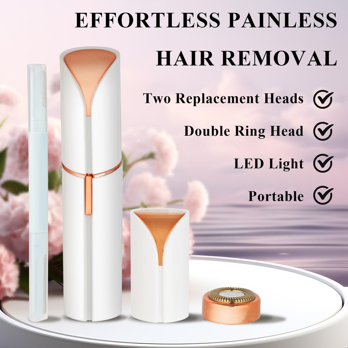 Electric Painless Facial Hair Removal Device with 2 Replacement Heads I19523
