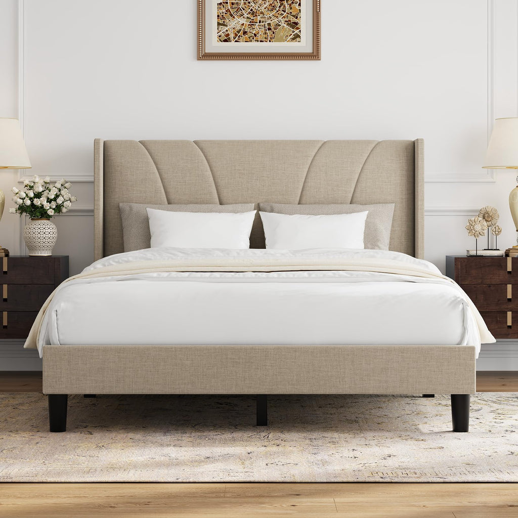 Queen Size Linen Upholstered Bed Frame with Headboard P7816