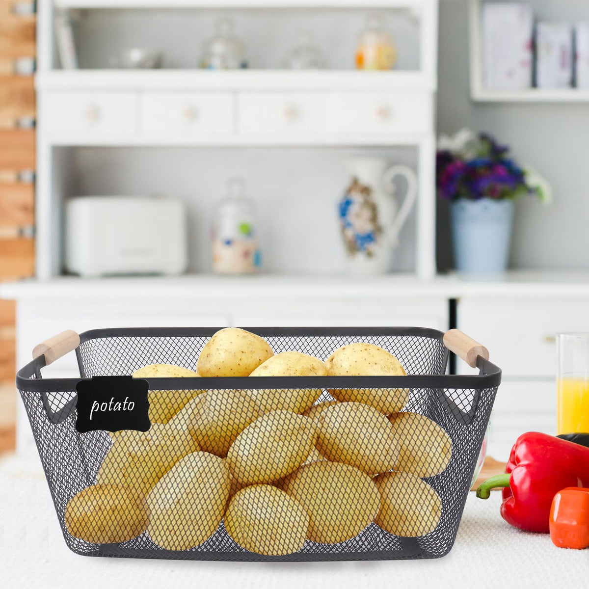 Potato and Onion Storage Bin, 2 Set Metal Mesh Baskets with Wooden Handle U448