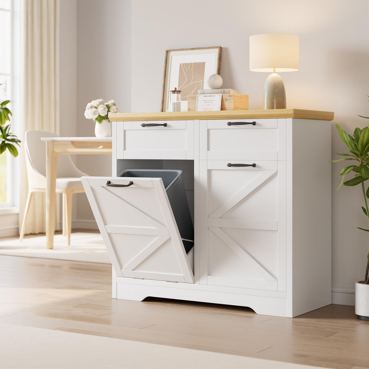 8-10 Gallons Tilt Out Trash Can Cabinet with Drawer C5340