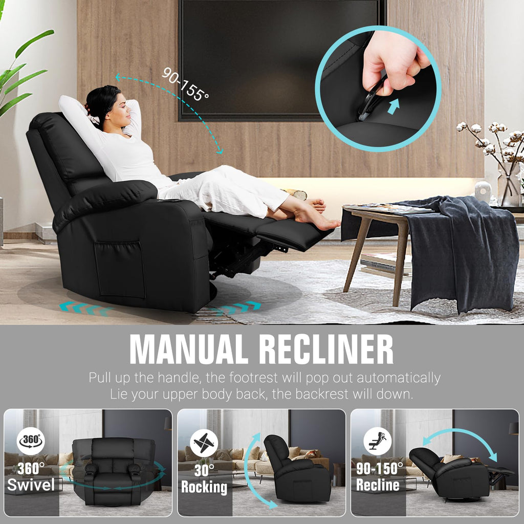 Black Faux Leather Massage Rocking Recliner Chair K6606
