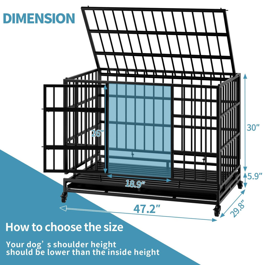 48 Inch Heavy Duty Metal Folding Dog Crate with Wheels and Double Doors T862