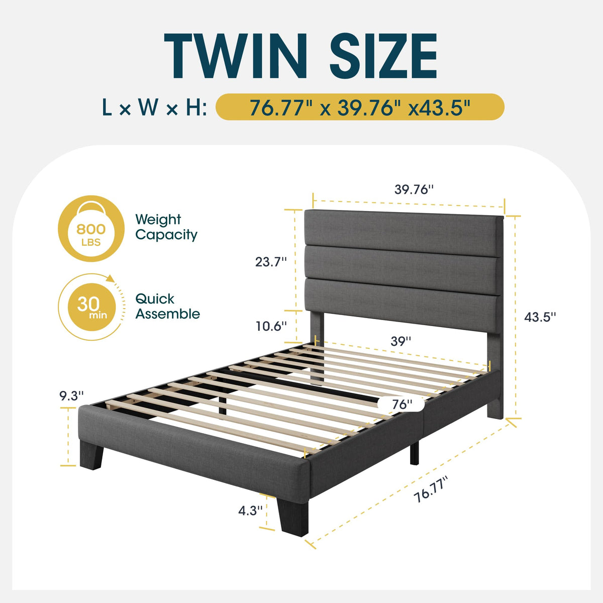 Twin Size Dark Grey Upholstered Fabric Bed Frame H908241