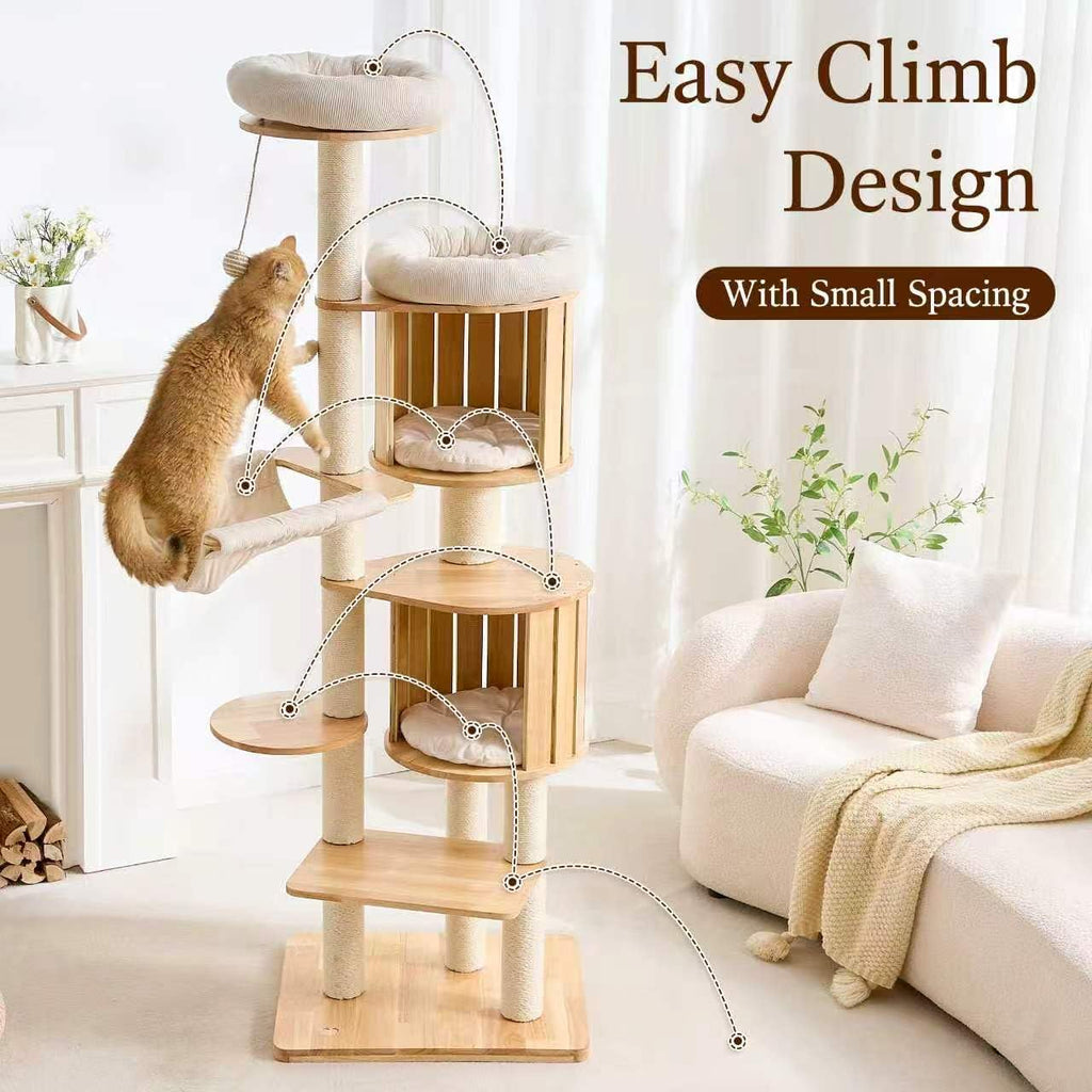 Solid Wood 70 Inches Tall Cat Tree Tower with Scratching Post O721