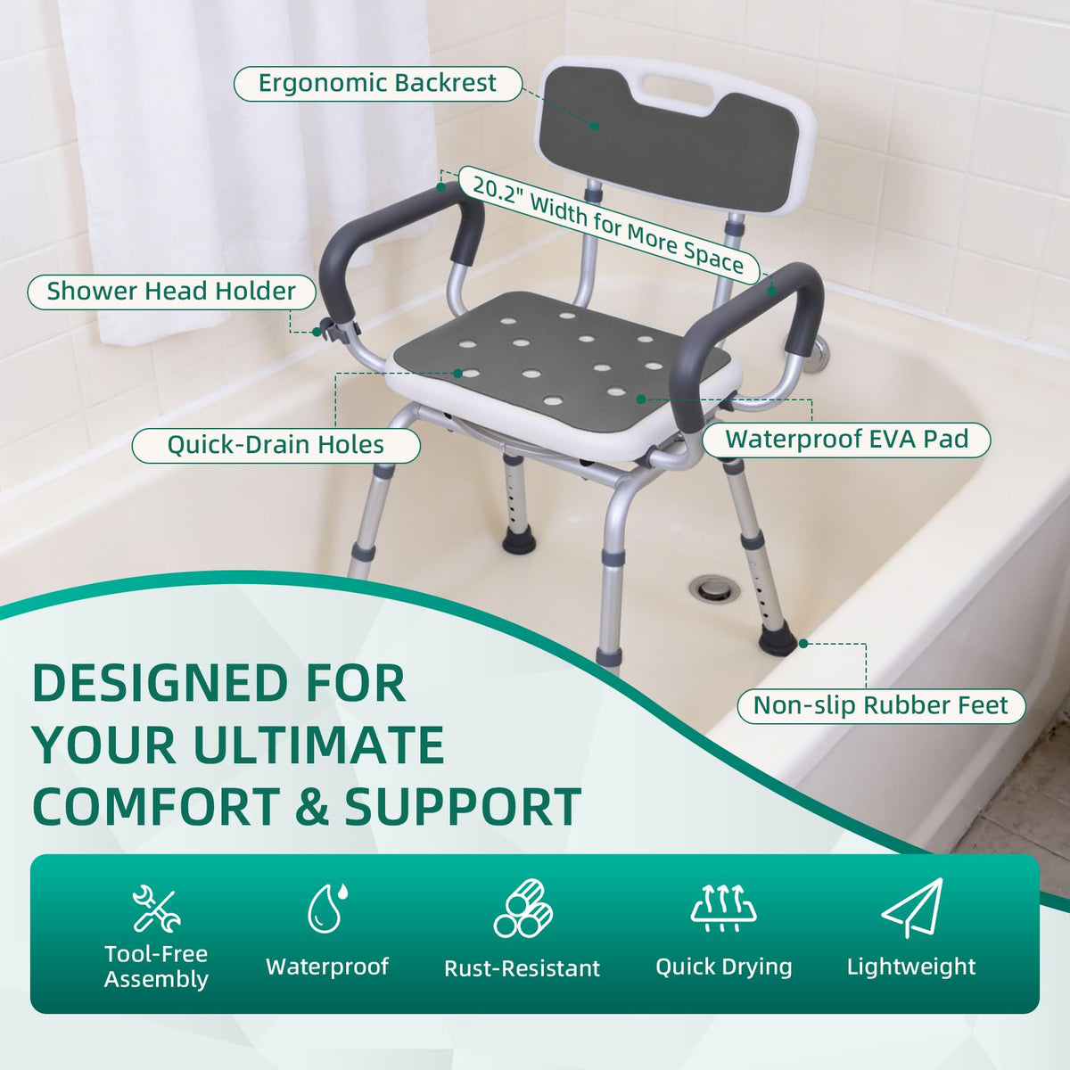 Swivel Shower Chair with Arms & Back, Heavy Duty Non-Slip Rotating Shower Bench Seat T511