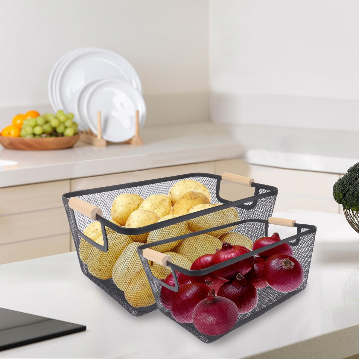 Potato and Onion Storage Bin, 2 Set Metal Mesh Baskets with Wooden Handle U448