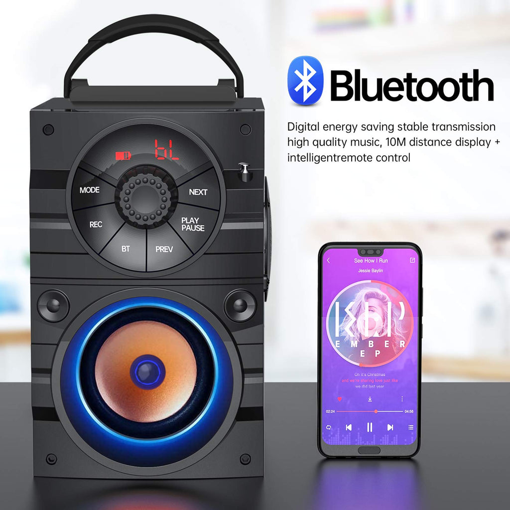 Portable Big Bluetooth Speakers with Light, Wireless with Subwoofer, FM Radio, LED Lights, EQ, Booming Bass, Bluetooth 4.2 Stereo Loud Outdoor/Indoor Retro, for Home, Camping, Travel, Black B96162
