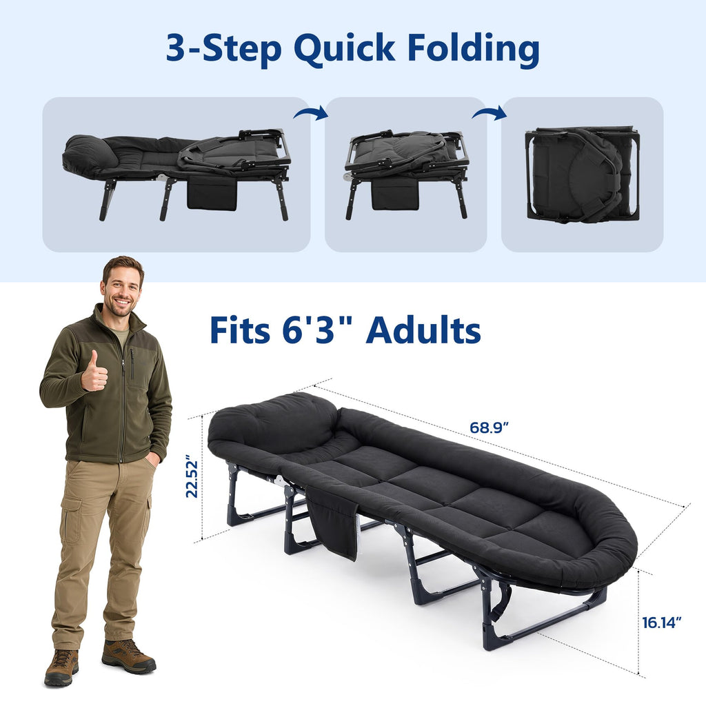 Folding Camping Cot with Mattress and Pillow, 450 Lbs Capacity, 69 Inch, Black I964880