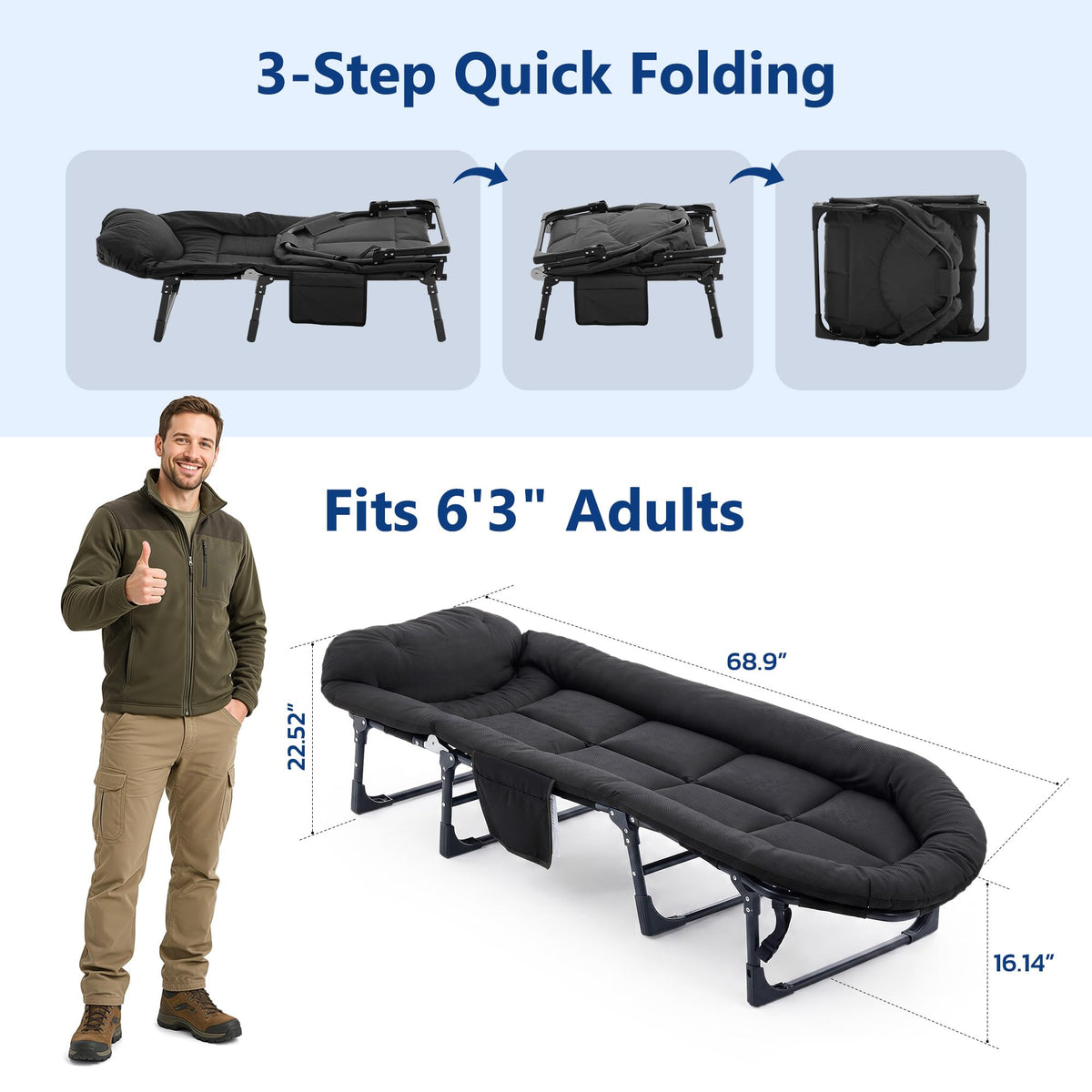 Folding Camping Cot with Mattress and Pillow, 450 Lbs Capacity, 69 Inch, Black I964880