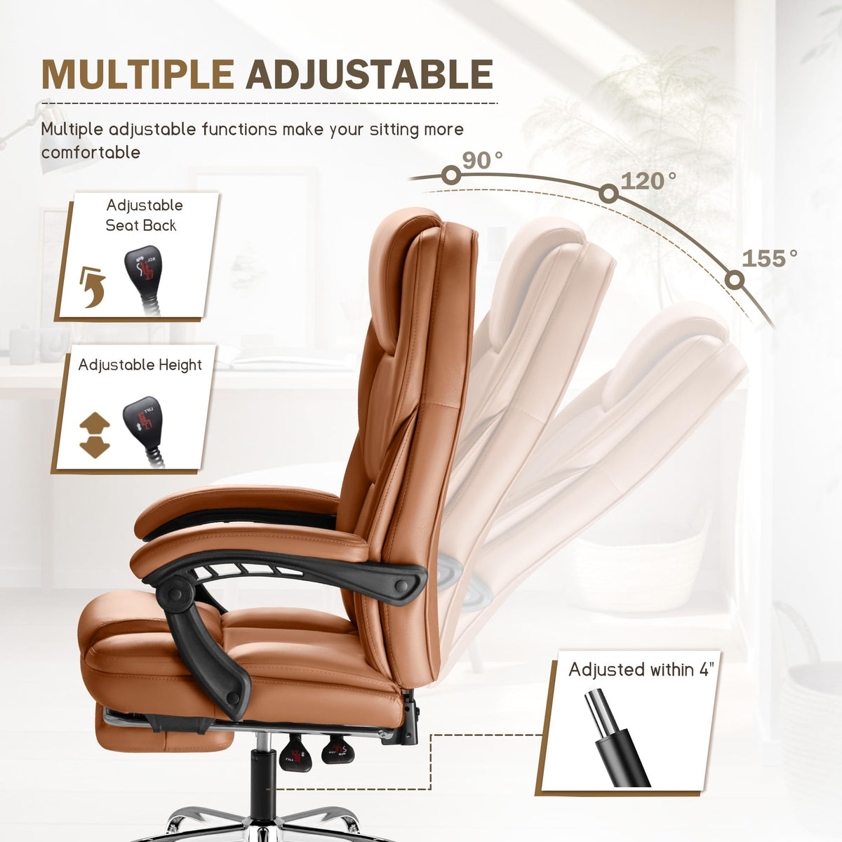 Brown Big and Tall Ergonomic Reclining Leather Office Chair with Foot Rest L583