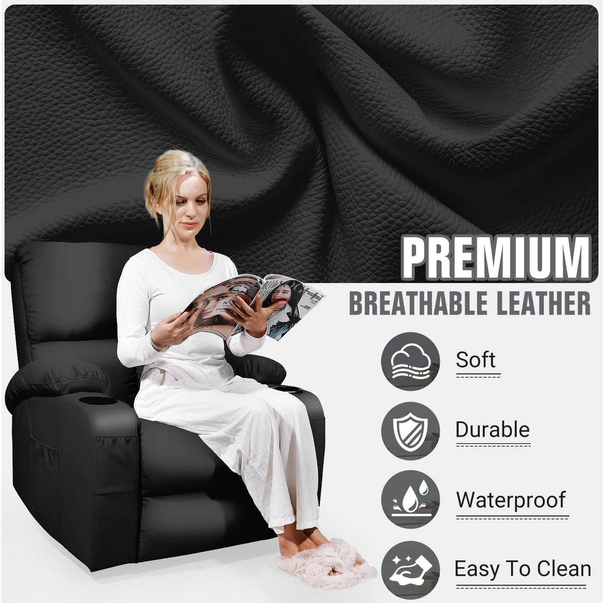 Black Faux Leather Massage Rocking Recliner Chair K6606