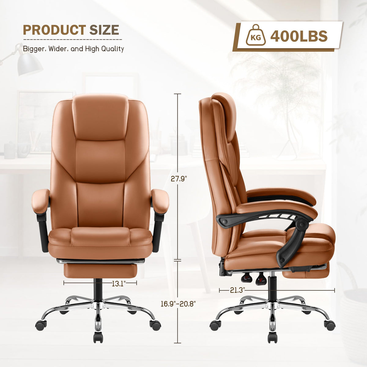 Brown Big and Tall Ergonomic Reclining Leather Office Chair with Foot Rest L583