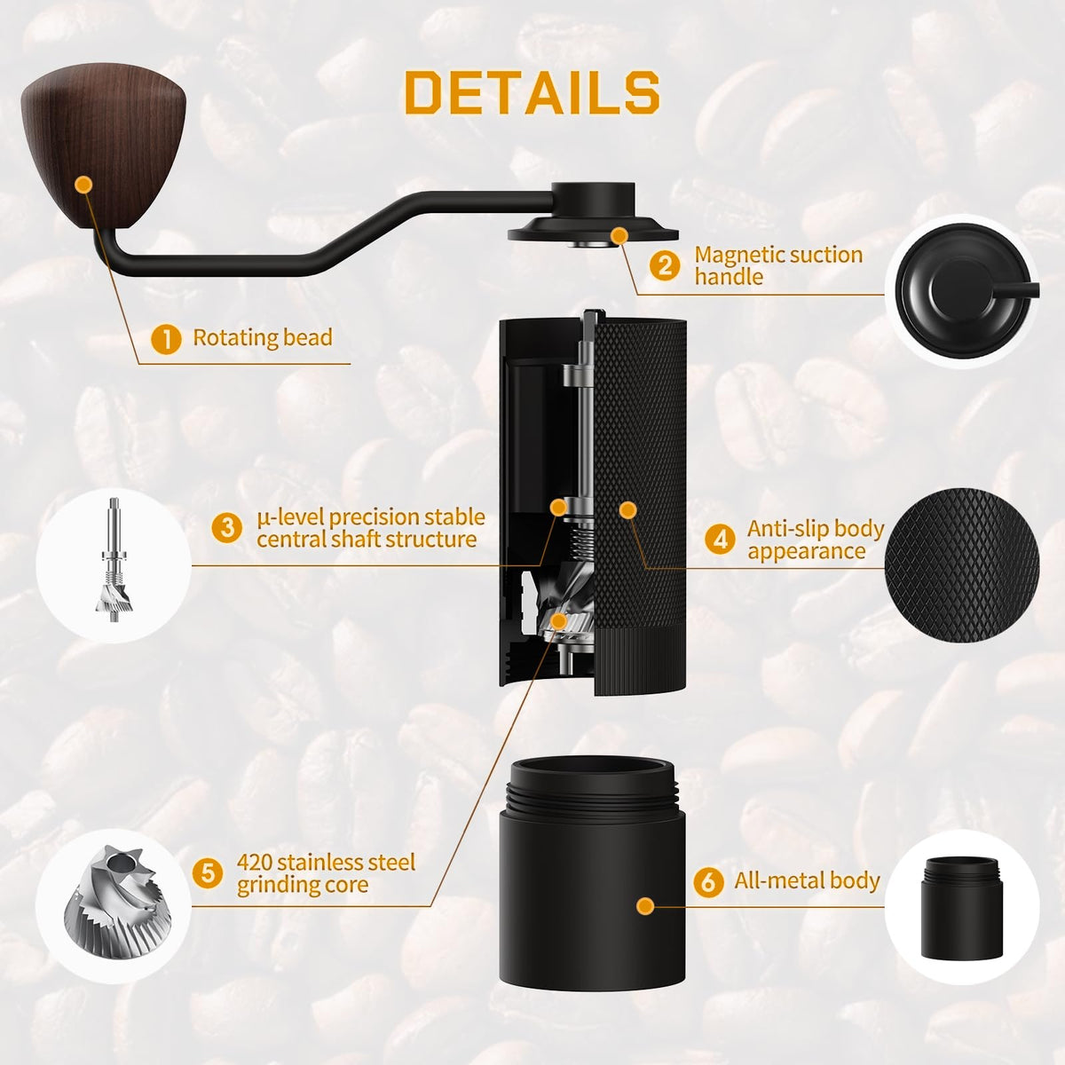 Manual Coffee Grinder 25g Stainless Steel Conical Burr Black C33167