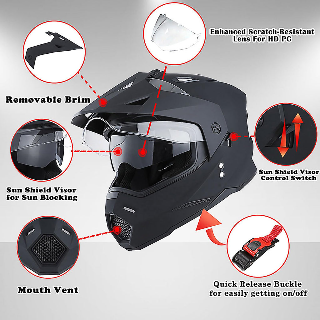 Youth Kids Dual Sport Dual Visor Full Face Helmet Matt Black G345733