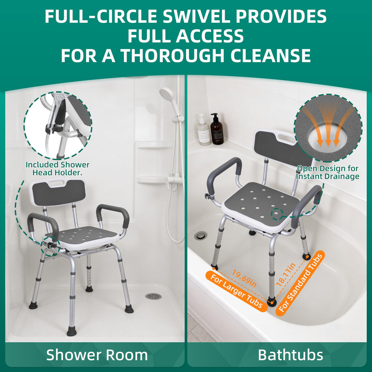 Swivel Shower Chair with Arms & Back, Heavy Duty Non-Slip Rotating Shower Bench Seat T511