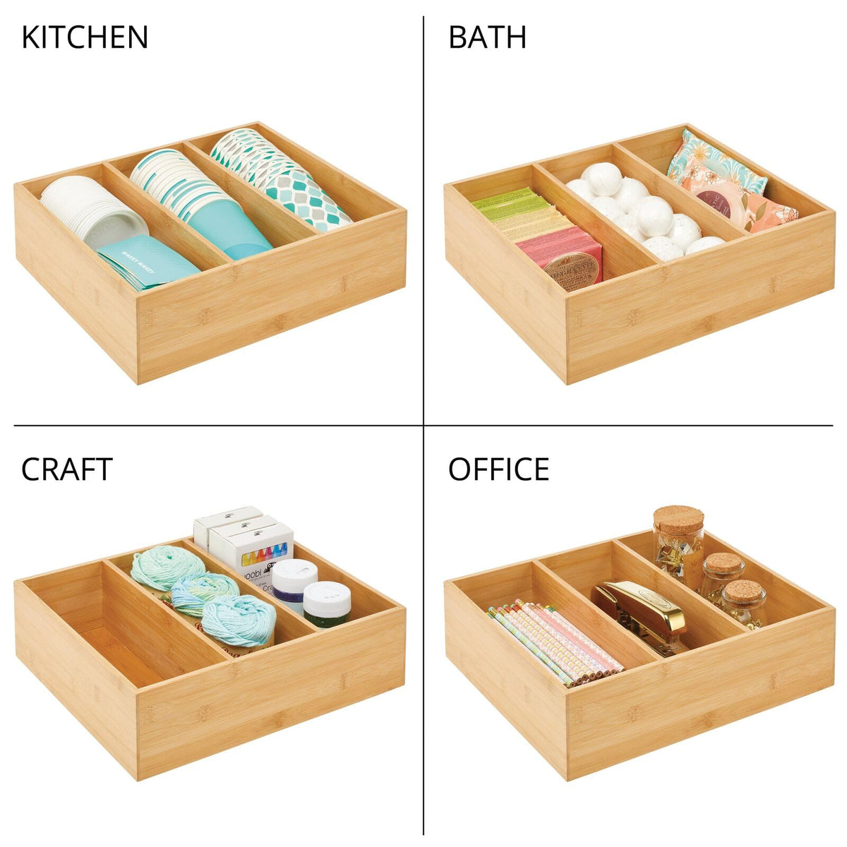 Bamboo 3 Section Stackable Pantry Organizer Bin, 2 Pack A11465