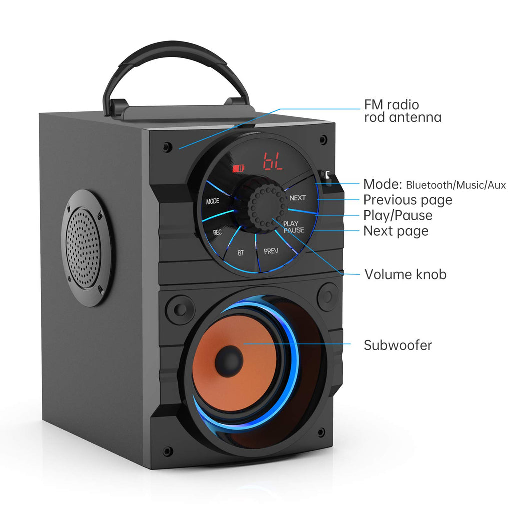 Portable Big Bluetooth Speakers with Light, Wireless with Subwoofer, FM Radio, LED Lights, EQ, Booming Bass, Bluetooth 4.2 Stereo Loud Outdoor/Indoor Retro, for Home, Camping, Travel, Black B96162