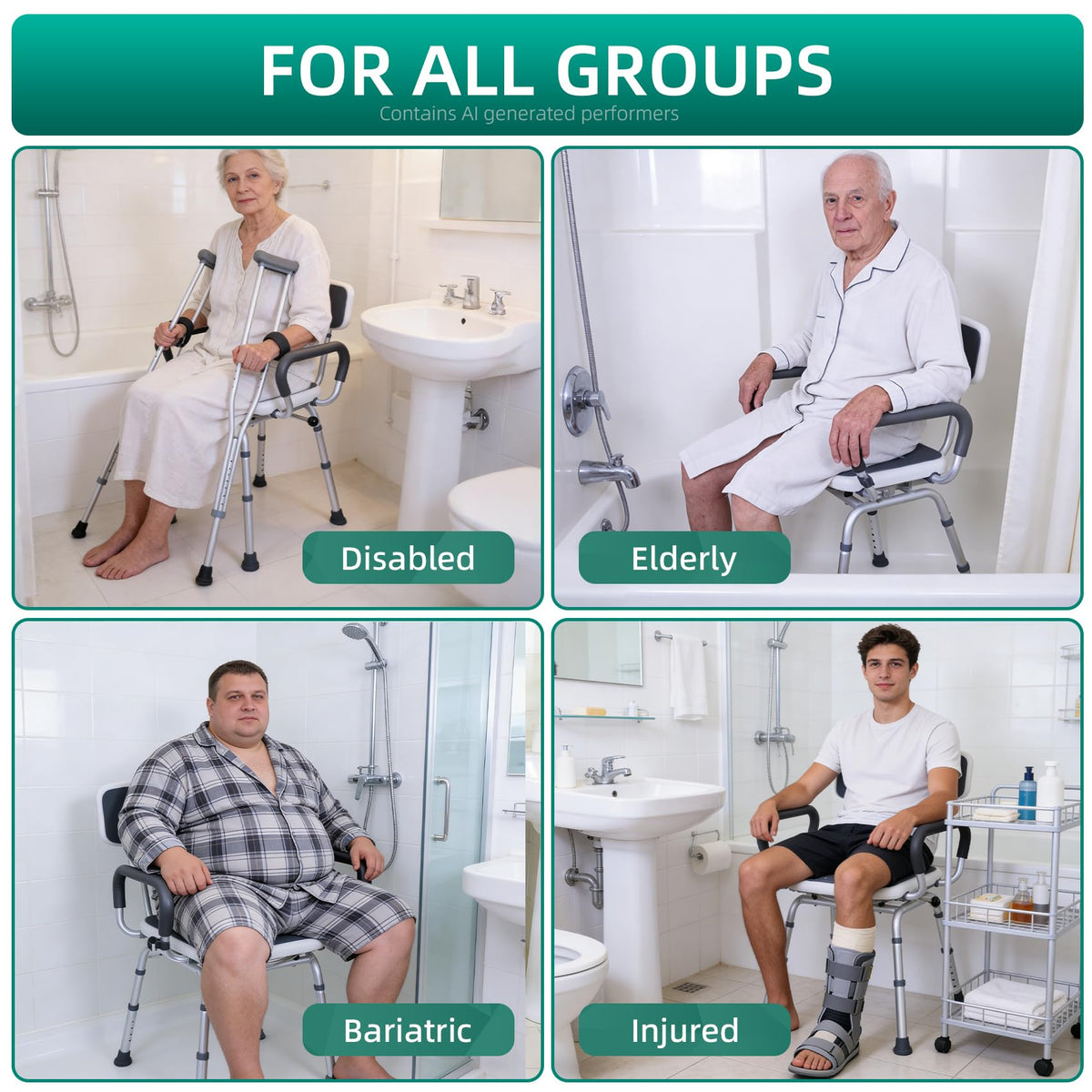 Swivel Shower Chair with Arms & Back, Heavy Duty Non-Slip Rotating Shower Bench Seat T511
