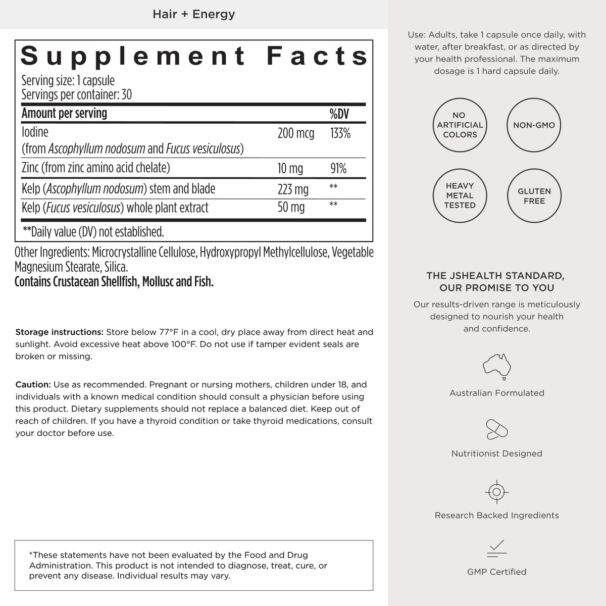 Hair Growth Vitamins with Kelp Iodine and Zinc 30 Capsules V4660