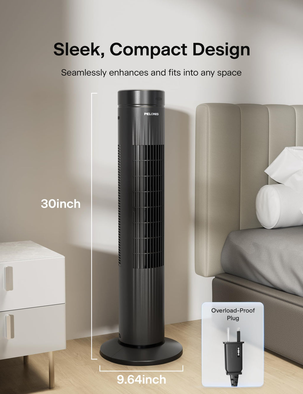 30-Inch Oscillating Tower Fan, 3 Speed, Black I243