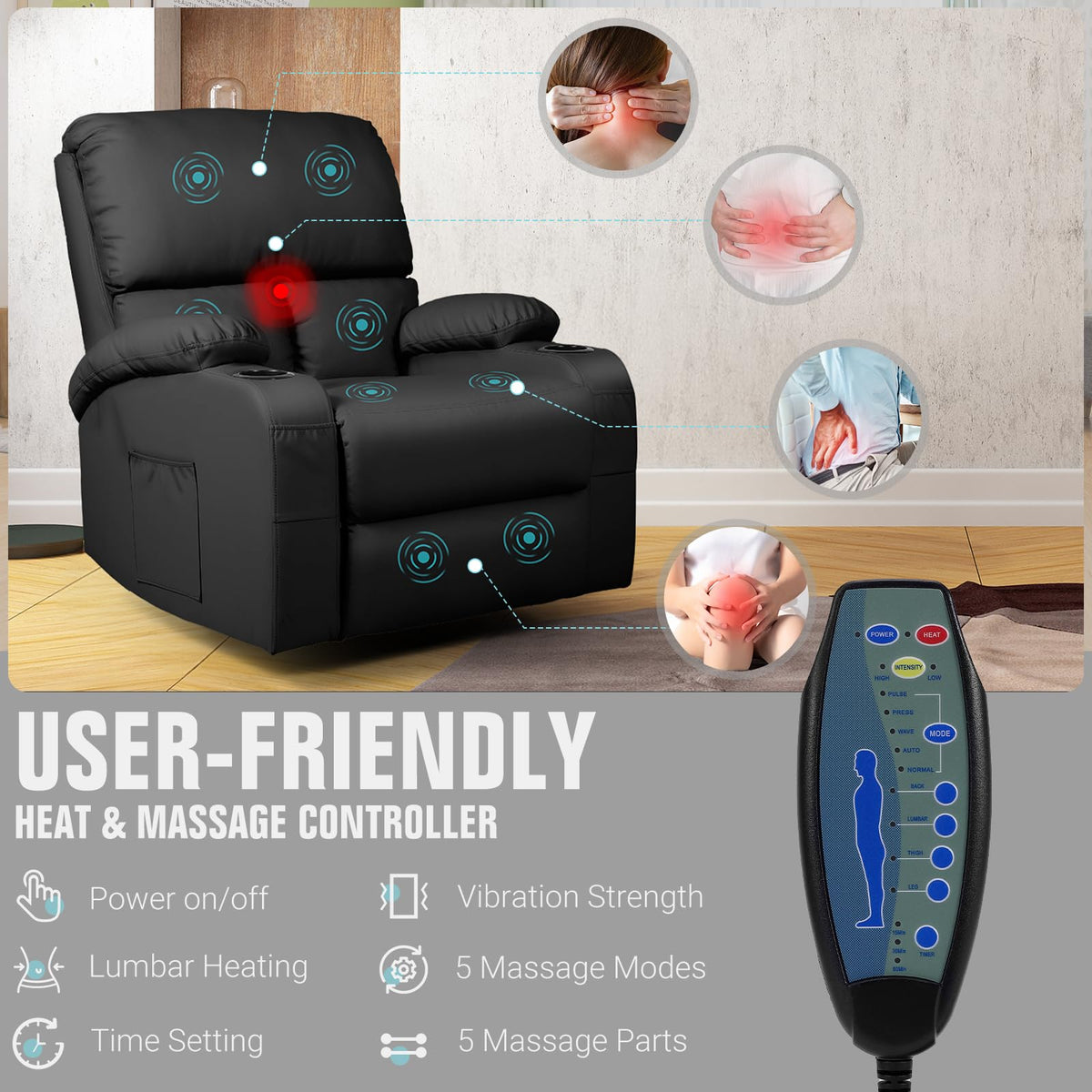 Black Faux Leather Massage Rocking Recliner Chair K6606