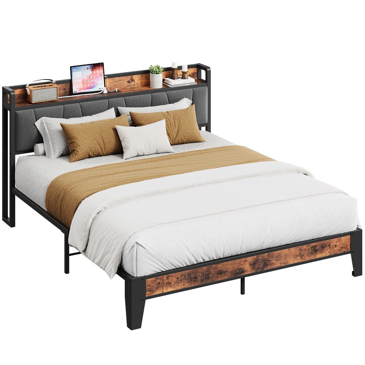 Queen Size Bed Frame with Storage Headboard and Charging Station G995617