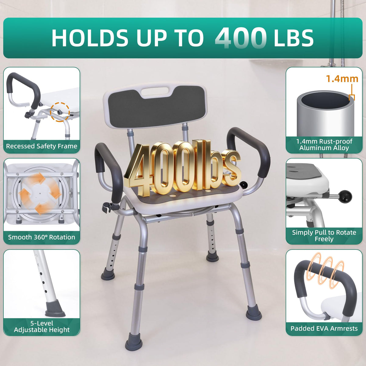 Swivel Shower Chair with Arms & Back, Heavy Duty Non-Slip Rotating Shower Bench Seat T511