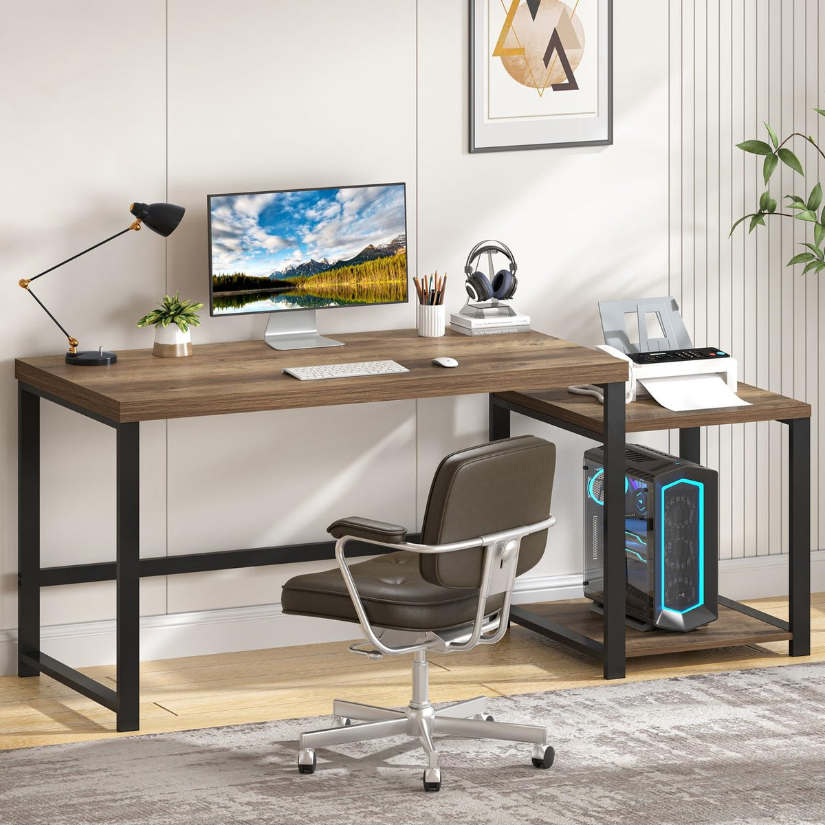 63 Inch Wood Computer Desk with Storage Shelves E722