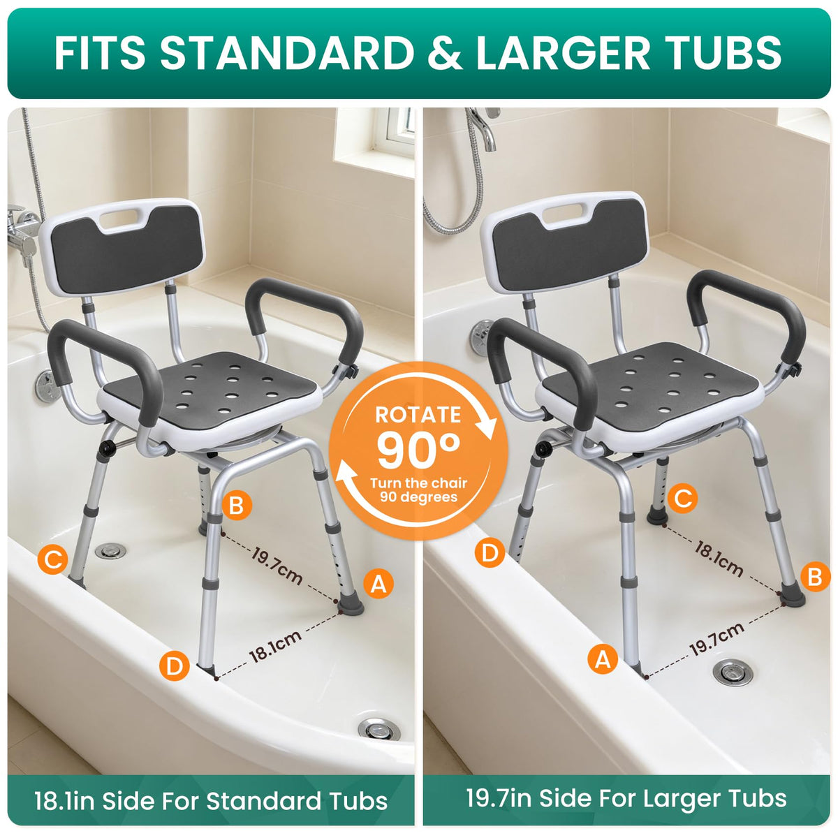 Swivel Shower Chair with Arms & Back, Heavy Duty Non-Slip Rotating Shower Bench Seat T511