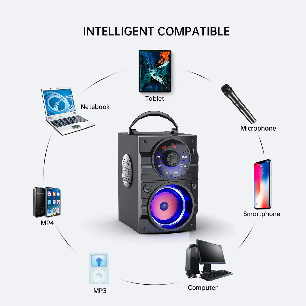Portable Big Bluetooth Speakers with Light, Wireless with Subwoofer, FM Radio, LED Lights, EQ, Booming Bass, Bluetooth 4.2 Stereo Loud Outdoor/Indoor Retro, for Home, Camping, Travel, Black B96162