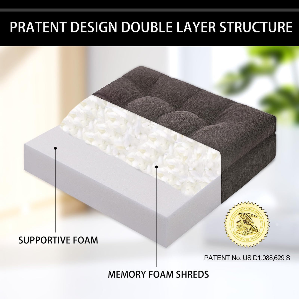 20x20x5 Inch Thick Tufted Dual Layer Chair Cushion Taupe 1P M49625