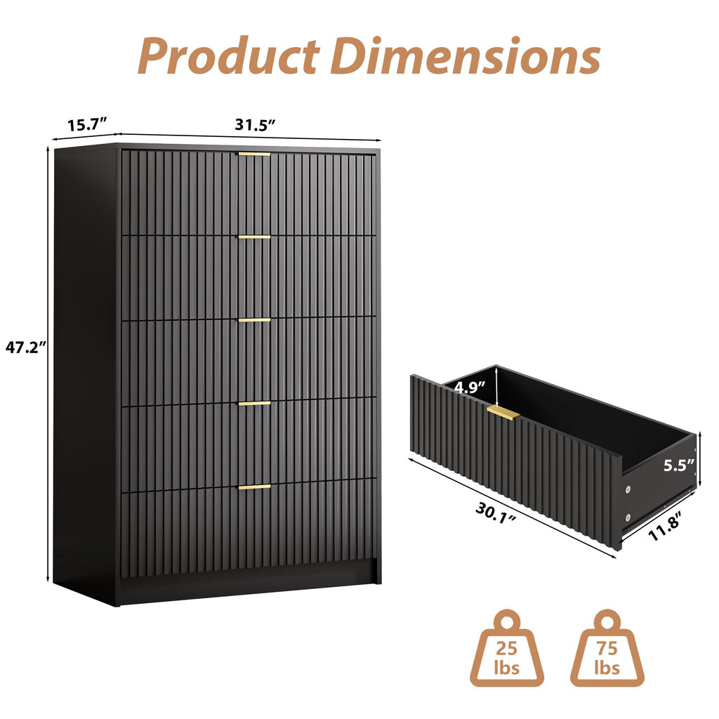47" Tall Fluted 5-Drawer Dresser V9217