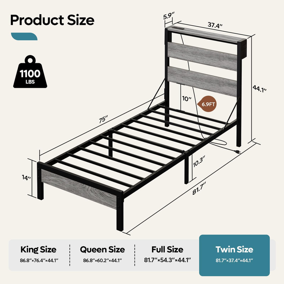 Grey Twin Platform Bed Frame with Storage Headboard E741768