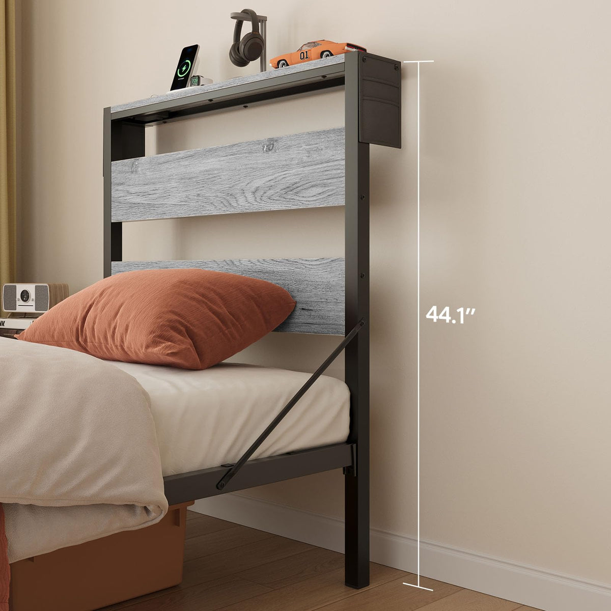 Grey Twin Platform Bed Frame with Storage Headboard E741768