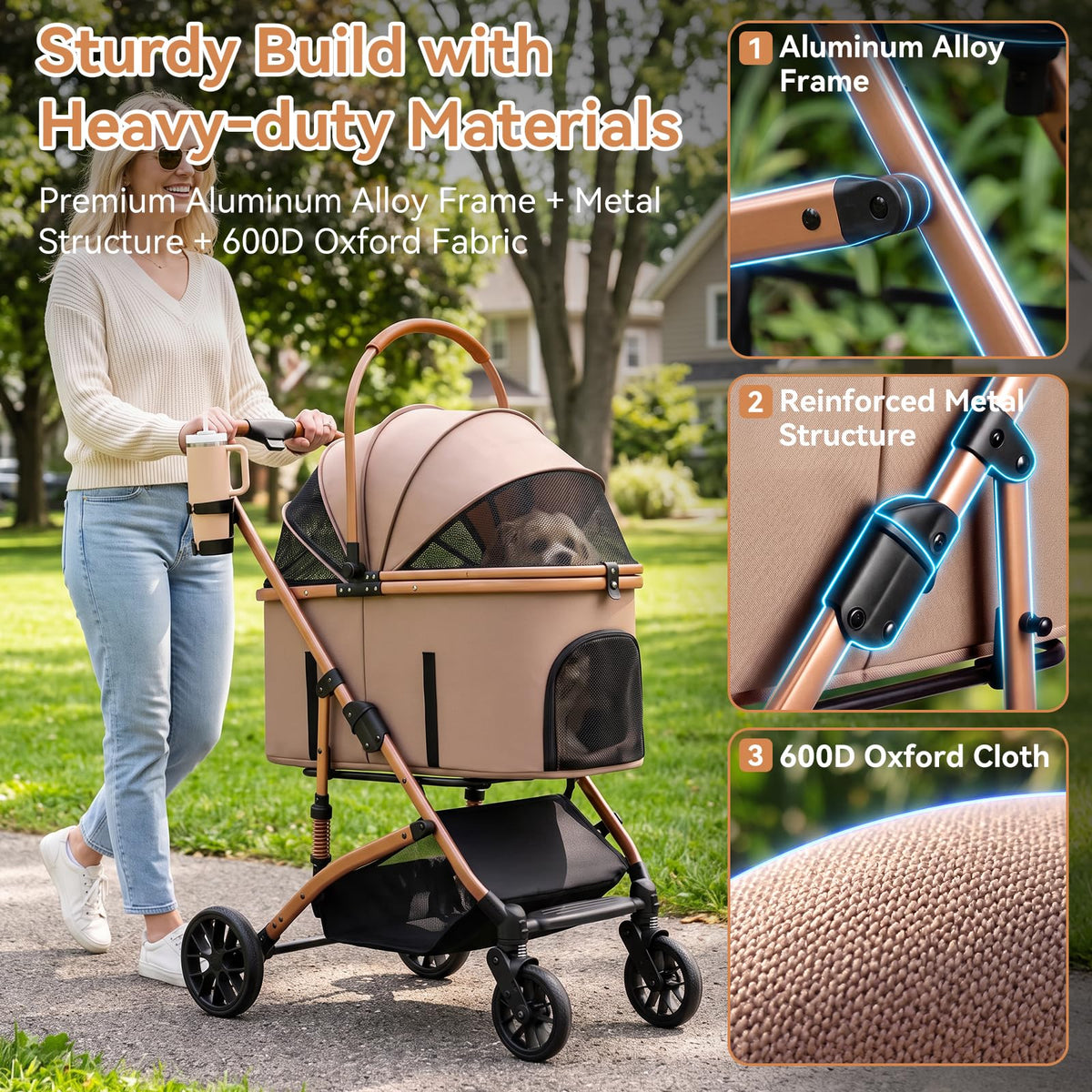 Khaki 3-in-1 Pet Stroller with Detachable Carrier A67809