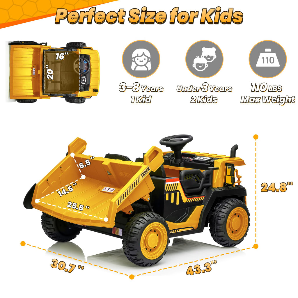 24V 2 Seater Ride on Dump Truck with 400W Motors, Yellow A7352