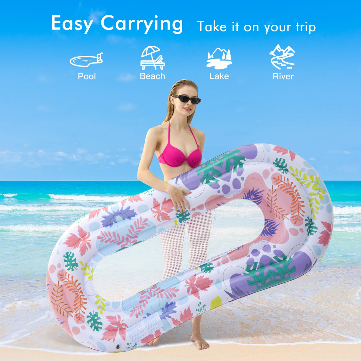 Inflatable Tanning Pool Lounger Float with Pillow & Cup Holder, 2 Pack Q7953