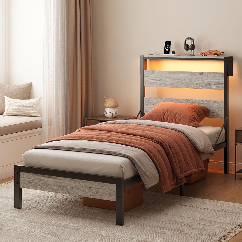 Grey Twin Platform Bed Frame with Storage Headboard E741768