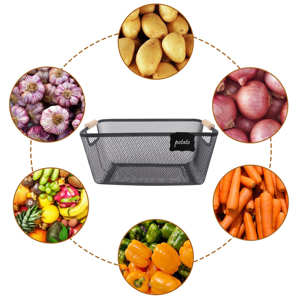 Potato and Onion Storage Bin, 2 Set Metal Mesh Baskets with Wooden Handle U448